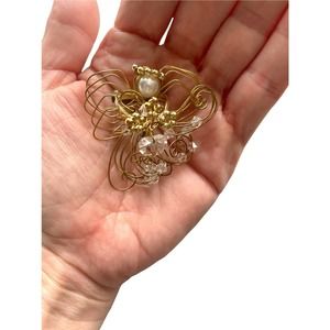 *Twisted Gold Wire Angel Brooch Pin w Crystals Pearl Crown Christmas Handmade